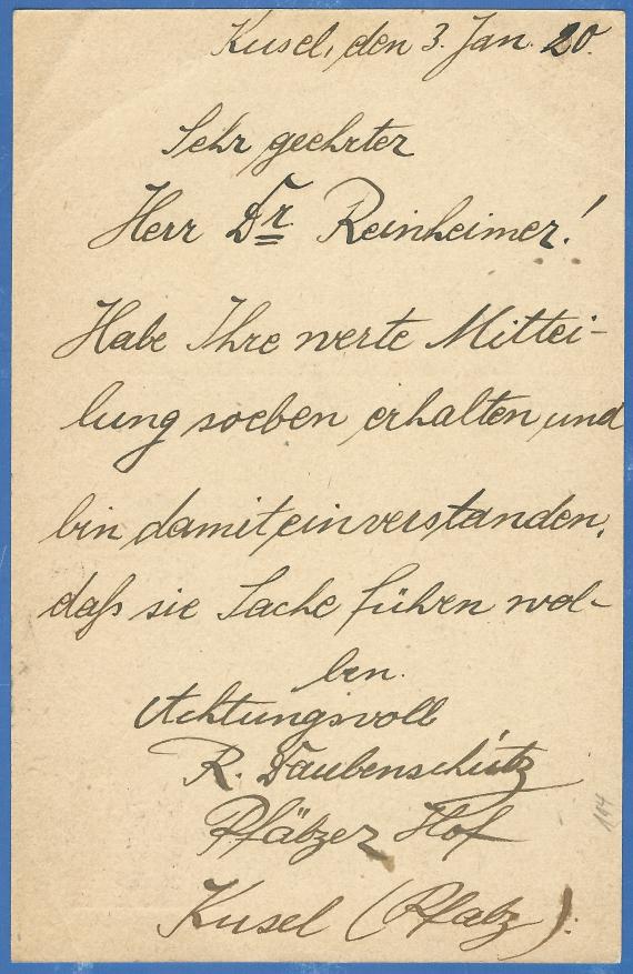 Postkarte geschäftlicher Art an  Rechtsanwalt Dr. Rheinheimer - versandt am 3. Januar 1920 - Kartenrückseite