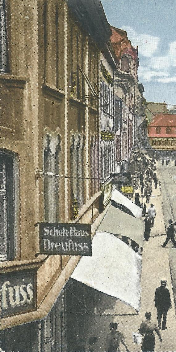 Alte Ansichtskarte Kaiserslautern - Marktstraße - mit Schuh-Haus Dreyfuss aus der Zeit um 1920  - Ausschnittvergrößerung Schuh-Haus Dreyfuss