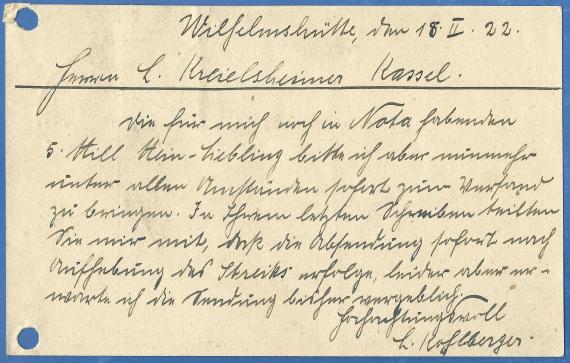 Postkarte geschäftlicher Art an Herrn Louis Kreielsheimer, Cigarrenfabrik - versandt am 18. Februar 1922 - Kartenrückseite