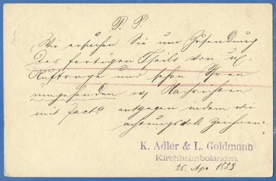 Postcard from K. Adler & L. Goldmann, - mailed April 25, 1883 - back of card