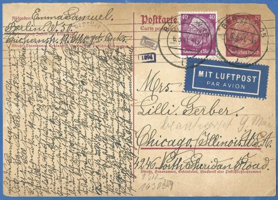 Postkarte von Emma Samuel, versandt nach Chicago am 6. März 1941 