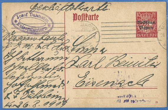 Postkarte geschäftlicher Art von Josef Dalsheim - versandt am 26. August 1919 