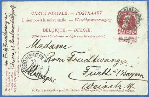 Postcard to Madame Rosa Feuchtwanger - sent by Fritz Feuchtwanger from Anvers in Belgium on July 31, 1905