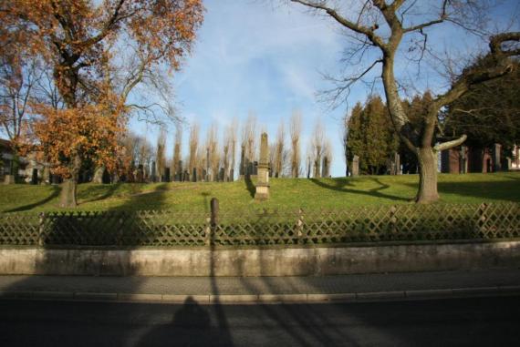 Photo of the cemetery. In the foreground the fence. Behind it many Jewish gravestones.