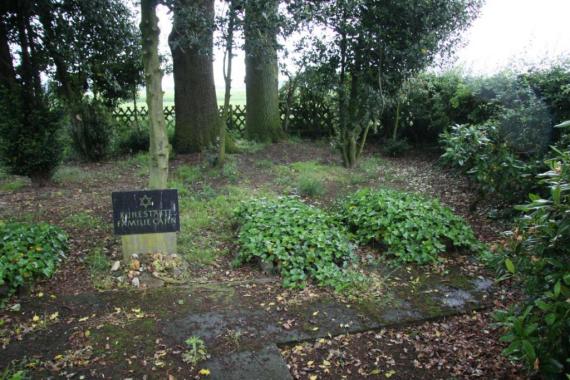 A memorial plaque. Surrounded by a small meadow. Around it bushes and tall trees.