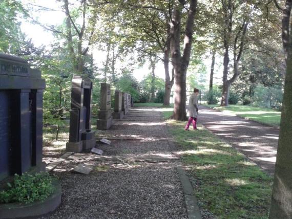 One sees on the left of the picture a row of gravestones in line. Behind them trees and a woman who has just said Kaddish and is wearing a crown. Obviously an orthodox Jewish woman.