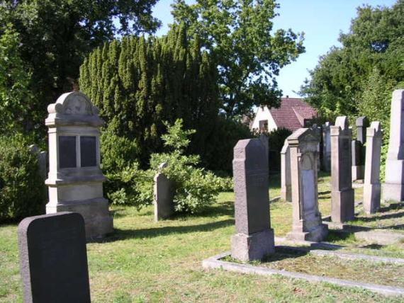 A view of the cemetery. You can see some stones on a lawn. Behind it trees.