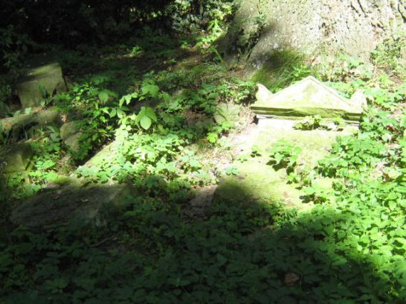 grave fragments heavily mossy and sunken into the ground