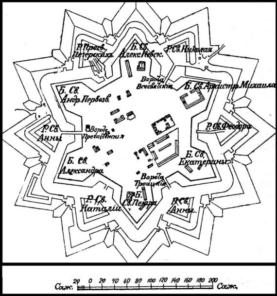 Gezeichneter Plan des Grundrisses einer Festung in Form eines Sterns, Beschriftungen in kyrillischer Schrift.