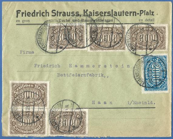 Geschäftsbriefumschlag von Friedrich Strauss, Tuche und Baumwollwaren en gros - versandt am 30. August 1923