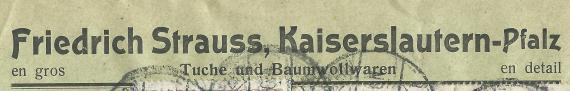 Geschäftsbriefumschlag von Friedrich Strauss, Tuche und Baumwollwaren en gros - versandt am 30. August 1923 - Ausschnittvergrößerug Firmenzeile