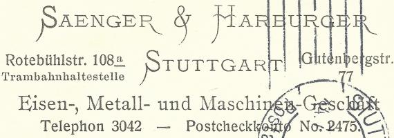 Geschäftspostkarte vom Eisen-, Metall- und Maschinen-Geschäft Saenger & Harburger - versandt am 14. Juli 1911 - Ausschnittvergrößerung Geschäftsadresse