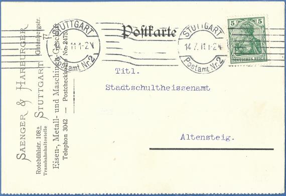 Geschäftspostkarte vom Eisen-, Metall- und Maschinen-Geschäft Saenger & Harburger - versandt am 14. Juli 1911 