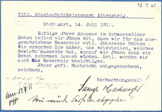 Geschäftspostkarte - Eisen-, Metall- und Maschinen-Geschäft Saenger & Harburger - versandt am 14. Juli 1911 - Kartenrückseite