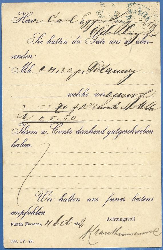 Postkarte geschäftlicher Art von der Firma Krautheimer & Co. - versandt am 4. Oktober 1898  -  Kartenrückseite