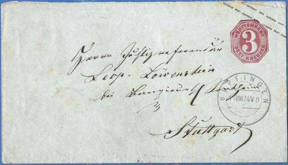 Envelope addressed to Mr. Justizrefendar Leopold Löwenstein, - sent on August 11, 1874