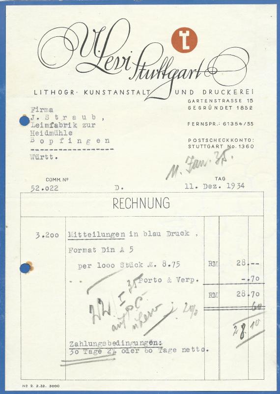 Invoice from the Lithographische Kunstanstalt und Druckerei Uri Levi, issued on December 11, 1934