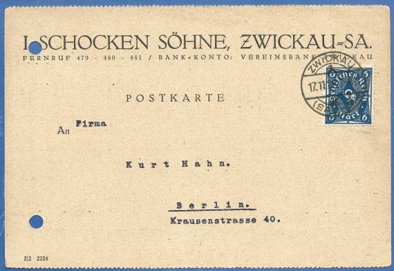 Geschäftspostkarte der Firma J.Schocken Söhne, Zwickau, - versandt am 17. November 1922