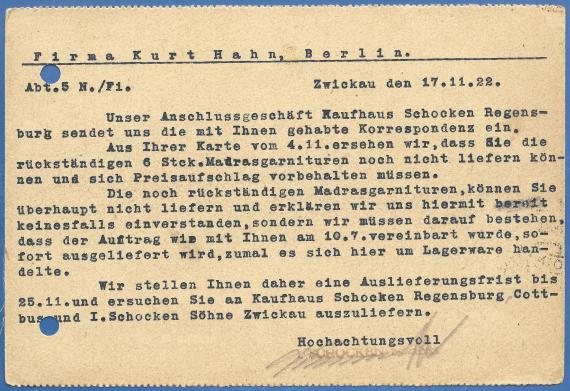 Business postcard of the company J.Schocken Söhne, Zwickau, - mailed on November 17, 1922 - back of card