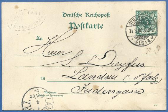 Postkarte, - versandt am 31.März 1890 an Herrn S. Dreyfus in Landau ( Pfalz ) - Judengasse