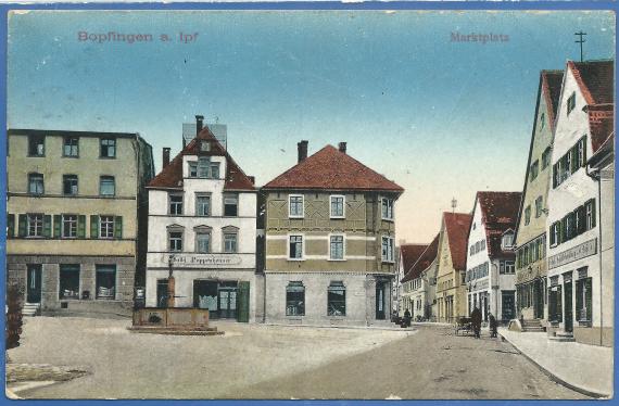 Historische Ansichtskarte Bopfingen - Marktplatz mit dem Textilwarengeschäft Sally Pappenheimer - versandt am 30. Dezember 1912