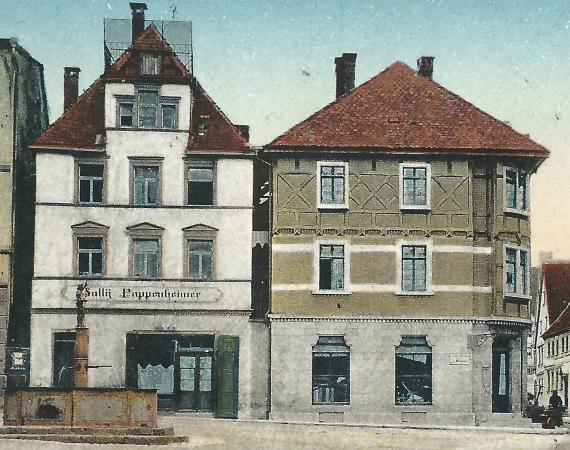 Historische Ansichtskarte Bopfingen - Marktplatz mit Textilwarengeschäft Sally Pappenheimer -versandt am 30. Dezember 1912 - Ausschnittvergrößerung