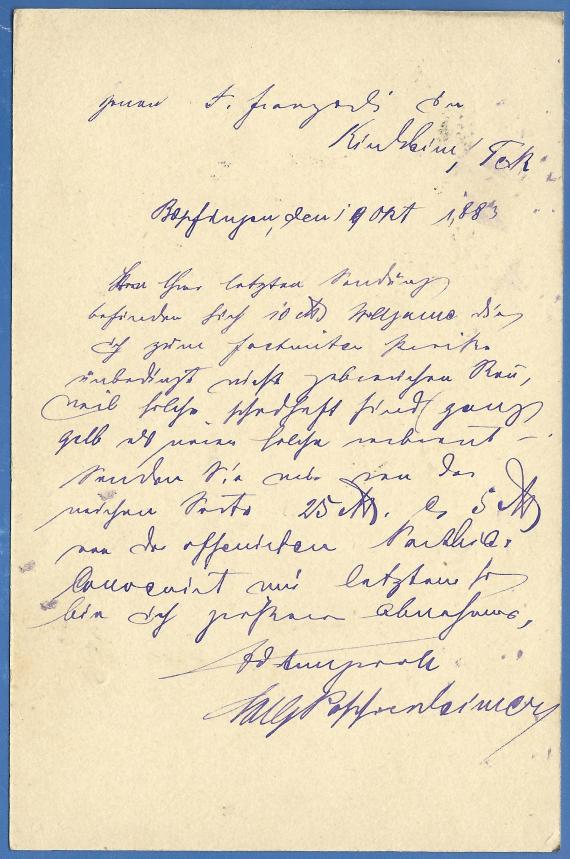 Postkarte geschäftlicher Art von Sally Pappenheimer - versandt am 9. Oktober 1883, - Kartenrückseite