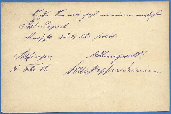 Postcard of a business nature from Sally Pappenheimer, - mailed February 21, 1886 - back of card.