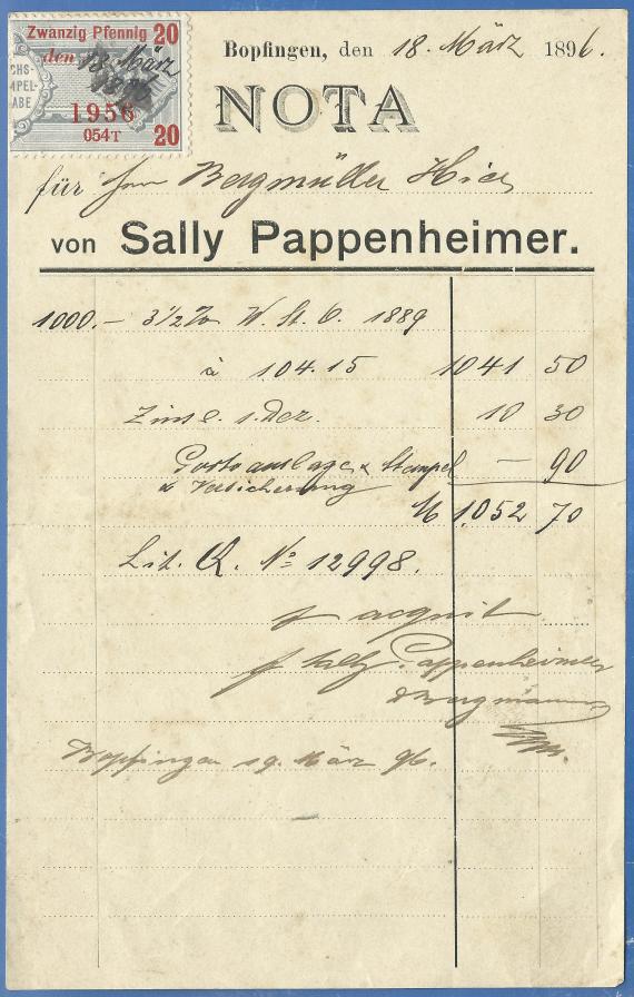 Nota - Sally Pappenheimer Nota von Sally Pappenheimer - ausgestellt am 18. März 1896