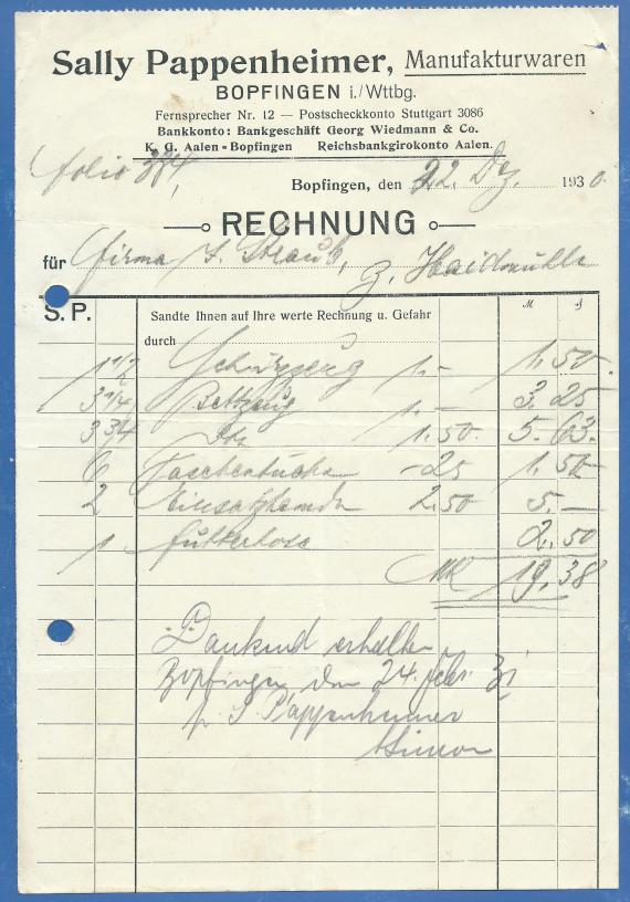 Rechnung - Sally Pappenheimer Rechnung von Sally Pappenheimer, Manufakturwaren - ausgestellt am 22. Dezember 1930