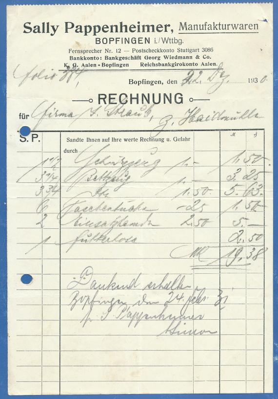 Invoice from Sally Pappenheimer, manufactured goods - issued December 22, 1930.