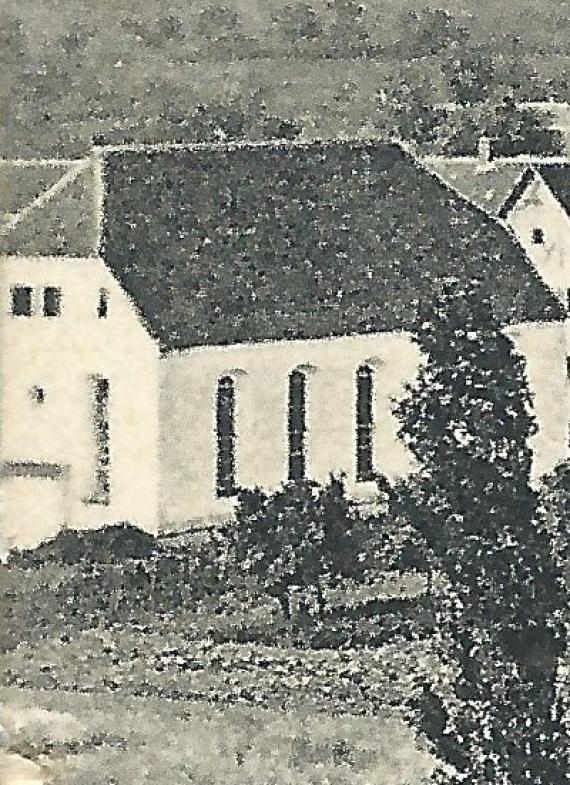 Ansichtskarte vom Verlag M. Falk - mit Blick auf Oberdorf - am linken Kartenrand - die Synagoge, versandt 1912 - Ausschnittvergrößerung Synagoge