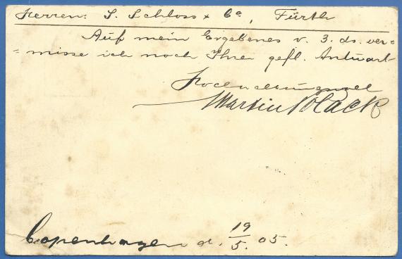 Postcard from Copenhagen to Mr. S. Schloss & Co, - mailed May 19, 1905 - back of card