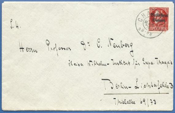 Briefumschlag -  adressiert an Herrn Professor Dr. Carl Neuberg, Kaiser Wilhelm - Institut für experimentelle Therapie, - versandt am 25. März 1919