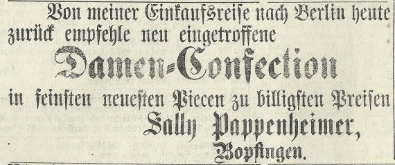 Werbeanzeige - Sally Pappenheimer Werbeanzeige von Sally Pappenheimer im Bopfinger Tagblatt Nr. 58, Mittwoch, den 11. März 1903