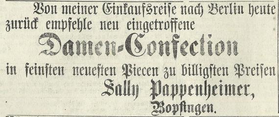 Advertisement by Sally Pappenheimer in the Bopfinger Tagblatt No. 58, Wednesday, March 11, 1903