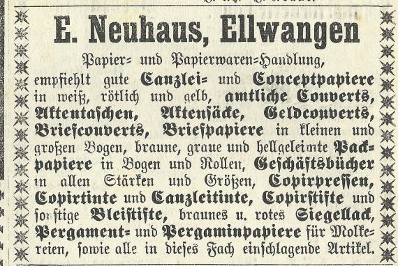 Werbeanzeige der Papier- und Papierwarenhandlung E. Neuhaus, Ellwangen in der Jagstzeitung / Ellwanger Tagblatt, Dienstag den 12. März 1895