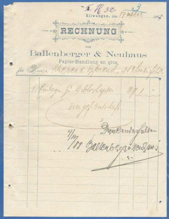 Rechnung der Papierhandlung en gros Ballenberger & Neuhaus, ausgestellt am 17. März 1888  