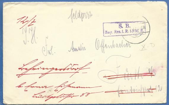 Field mail letter to Miss Amalie Offenbacher in Fürth, Friedrichstr. 12 - forwarded to Behringersdorf, Luitpoldstr. 88 at Erna Eisemann's - mailed July 4, 1917