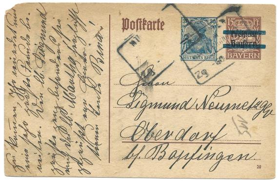 Postkarte an Herrn Sigmund Neumetzger in Oberdorf bei Bopfingen, - versandt am 8. Mai 1921