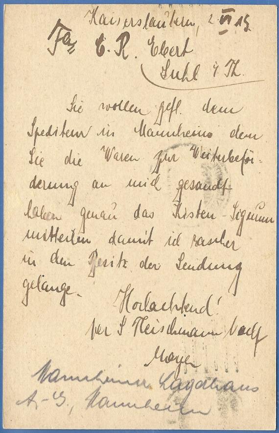 Postkarte geschäftlichter Art von  S. Fleischmann Nachf. - versandt am 2. Juni 1915  -  Kartenrückseite