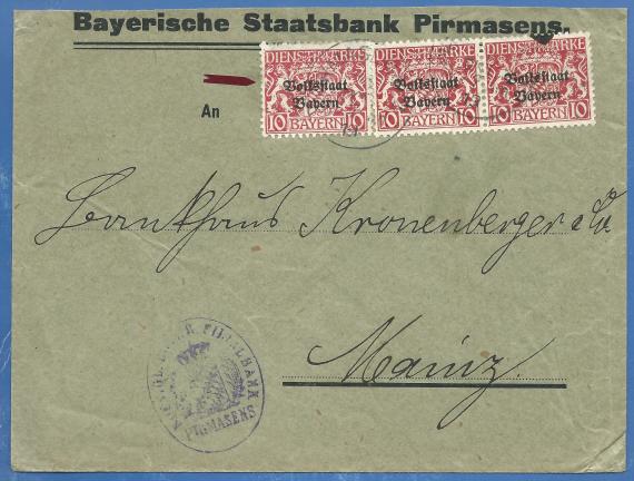 Envelope addressed to Bankhaus Kronenberger & Co in Mainz- mailed October 30, 1919