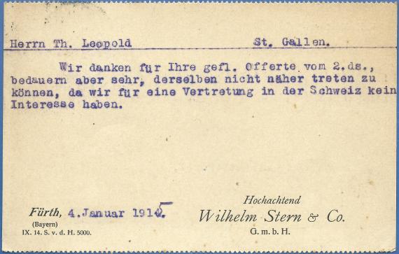 Geschäftspostkarte der Firma Wilhelm Stern & Co - versandt am 4. Januar 1915  -  Kartenrückseite