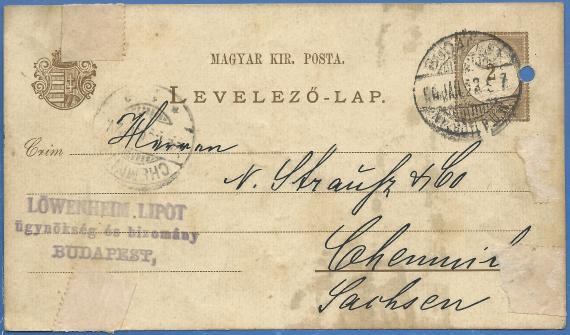 Postkarte geschäftlicher Art aus Budapest an Herrn N. Strauß & Co, - versandt 22. Januar 1896