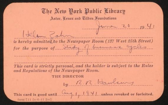 Foto der Lesekarte von Helene Zahn aus der New York Public Library, für das Studium im Zeitschriftenlesesaal. 