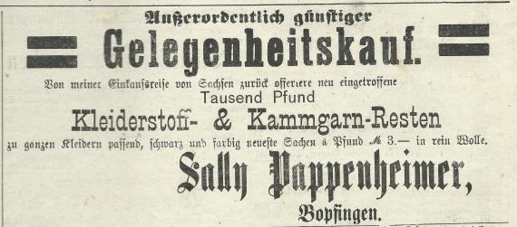 Werbeanzeige - Sally Pappenheimer Werbeanzeige von Sally Pappenheimer im Bopfinger Tagblatt vom 7. März 1903
