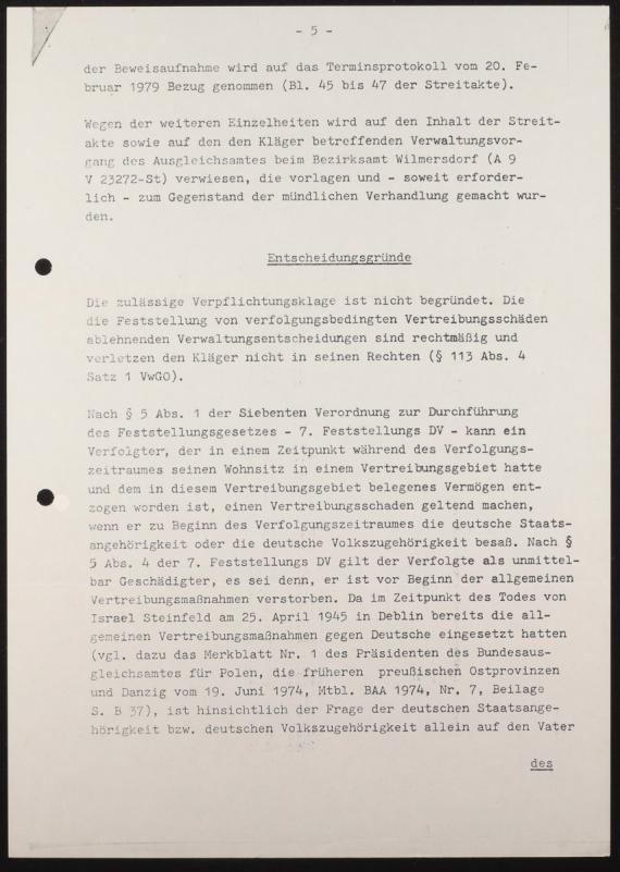 Gerichtsurteil: Verwaltungsgericht Berlin, fragmentarisch, Kopiert, maschinengeschrieben, 1 Blatt, Berlin, vor 09.05.1979