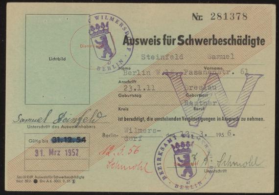 Vorderseite Schwerbeschädigtenausweis maschinell, Berlin-Wilmersdorf, 12.03.1956.