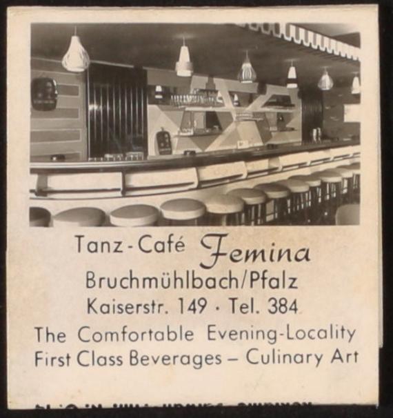 Streichholzschachtel Tanz-Café Femina, gedruckt. Auf der Schachtel ist ein Foto der Bar und die Adresse abgebildet.