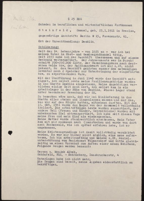 Affidavit of Samuel Steinfeld, concerning persecution measures, typewritten, Berlin, circa 1953-1956